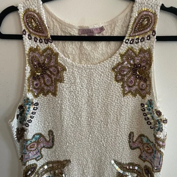 Calypso St. Barth Sequin Linen Mini Dress Size M White Pink Boho Resortwear - Picture 5 of 9